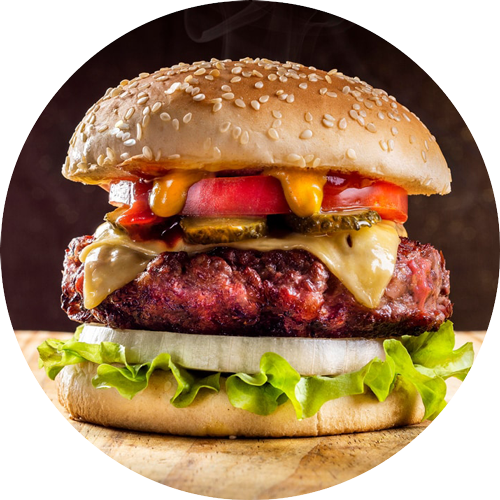 Das Foto zeigt saftige Burger mit Sesambrötchen, ein unwiderstehlicher Anblick für Liebhaber herzhafter Genüsse und fungiert als Button.